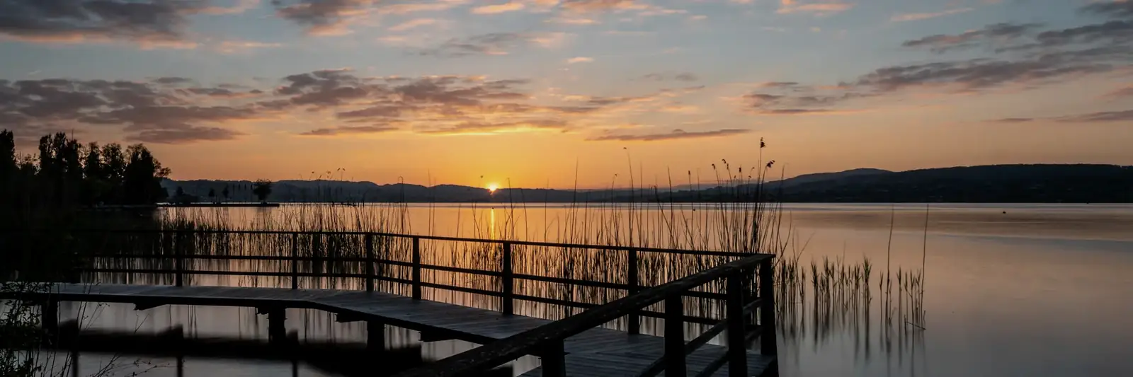 A jetty in the reeds on Lake Zurich at sunset, near Pfäffikon SZ